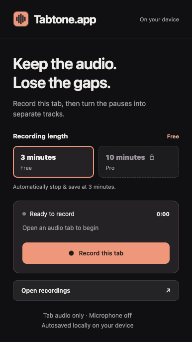 Tabtone recording popup with three-minute Free recording selected